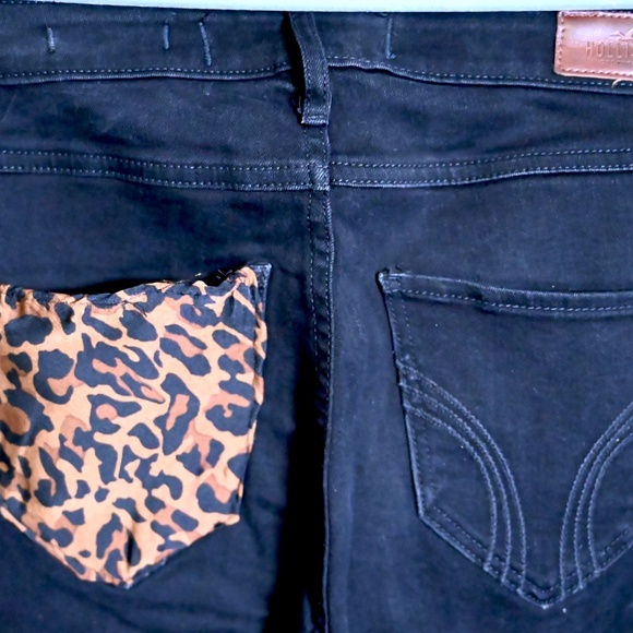 Black Hollister Skinny Jeans – Customized Flares with Pleated Leopard Fabric - Picture 5 of 5